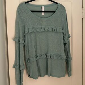 NWT. Amadi long-sleeved blue-green top with ruffle detail. Size L.